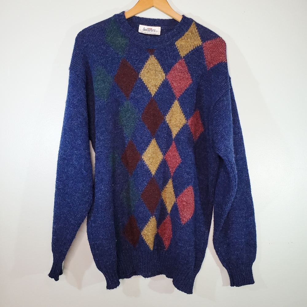 Antartex Blue 100% Wool Argyle Sweater M